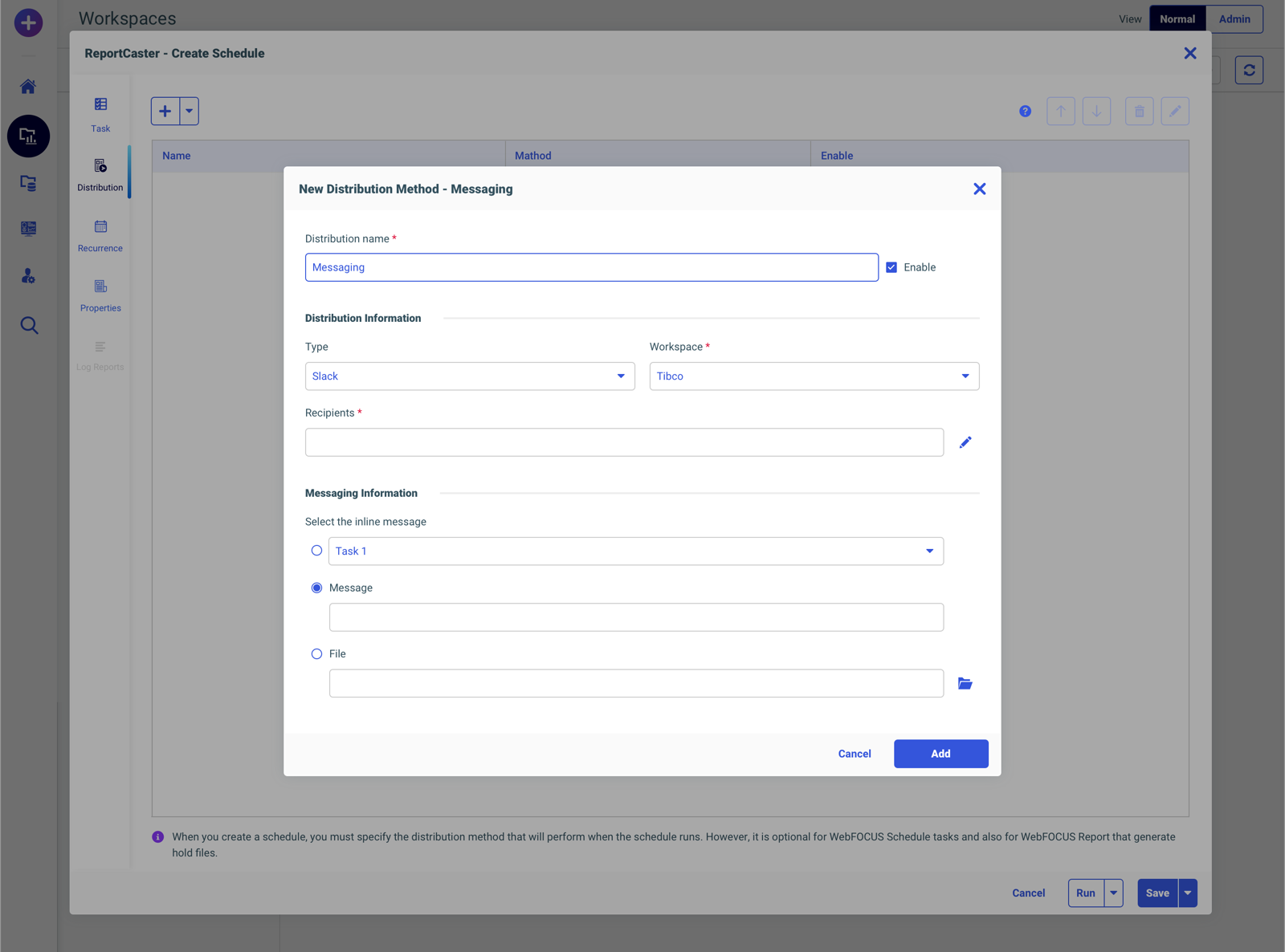 Slack messaging distribution method dialog inside the create-schedule modal, with workspace, recipients, and inline message